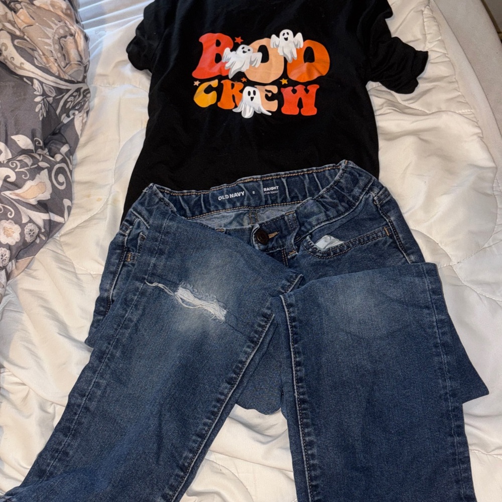 Old Navy Black Boo Crew Tee and Denim Jeans